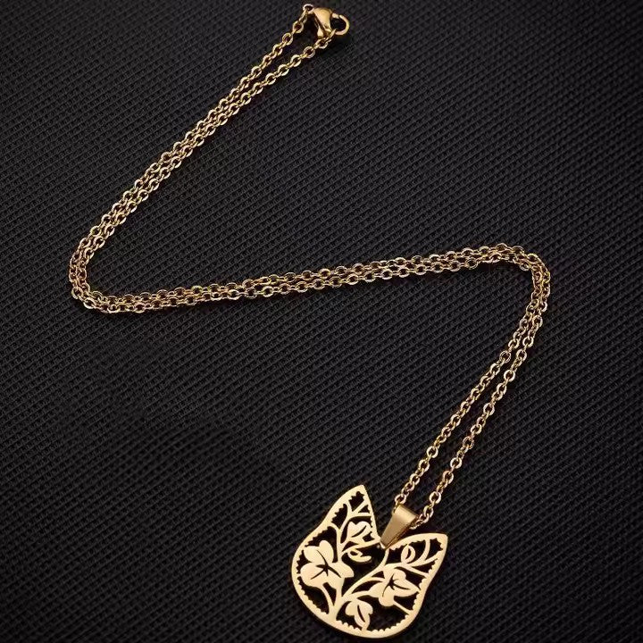 Floral Cat Head Necklace - Gold