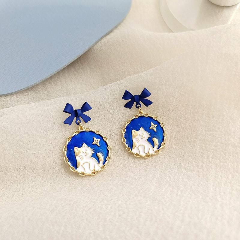 White & Blue Bow Cat Earrings