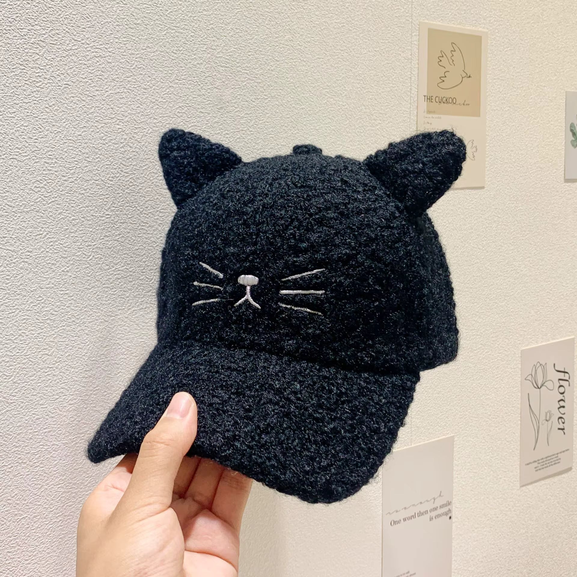 Black Sherpa Baseball Cap with Cat Ears